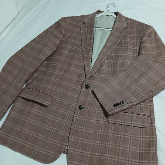 Jos.A.Bank Brrr Comfort Blazer 48L LINEN WOOL Taupe Window Pane Plaid Lined - Picture 1 of 15